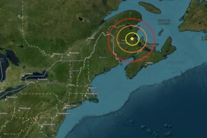 The epicenter of today's earthquake was at the star inside the colored concentric circles on this map. Image: USGS