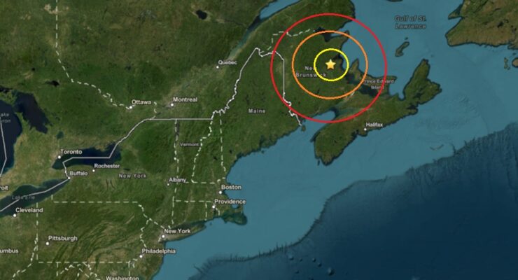 The epicenter of today's earthquake was at the star inside the colored concentric circles on this map. Image: USGS