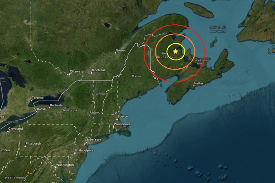 The epicenter of today's earthquake was at the star inside the colored concentric circles on this map.  Image: USGS