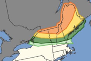 While the light green area could see thundershowers tomorrow, the dark green area may see severe thunderstorms. The yellow zone has a higher risk of seeing severe thunderstorms with the orange year at greatest risk of severe weather on Tuesday. Image: NWS SPC