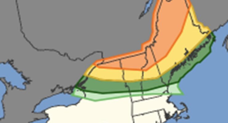 While the light green area could see thundershowers tomorrow, the dark green area may see severe thunderstorms. The yellow zone has a higher risk of seeing severe thunderstorms with the orange year at greatest risk of severe weather on Tuesday. Image: NWS SPC