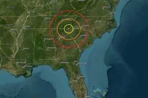 Today's earthquake struck at the orange dot inside the colored concentric circles on this map. Image: USGS
