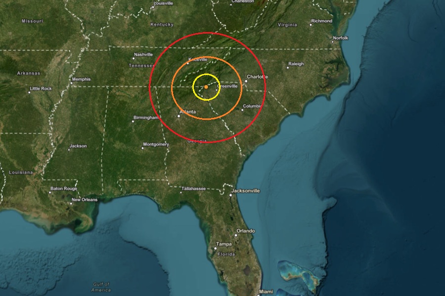 Today's earthquake struck at the orange dot inside the colored concentric circles on this map. Image: USGS