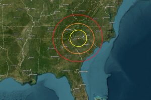 Today's earthquake struck at the orange dot inside the colored concentric circles on this map. Image: USGS