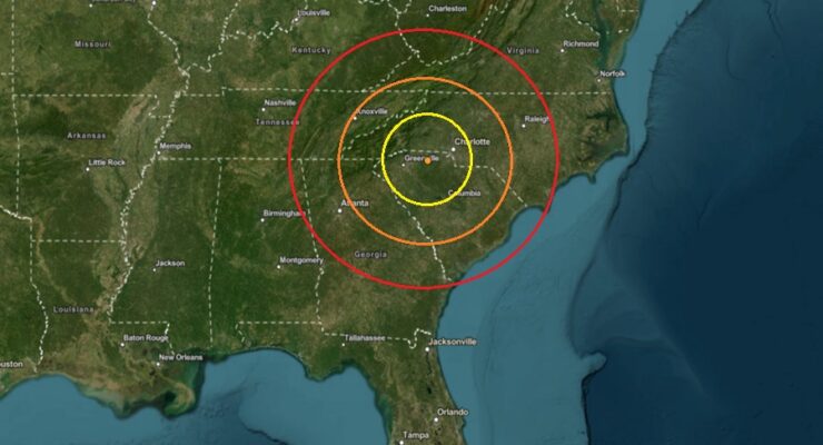 Today's earthquake struck at the orange dot inside the colored concentric circles on this map. Image: USGS