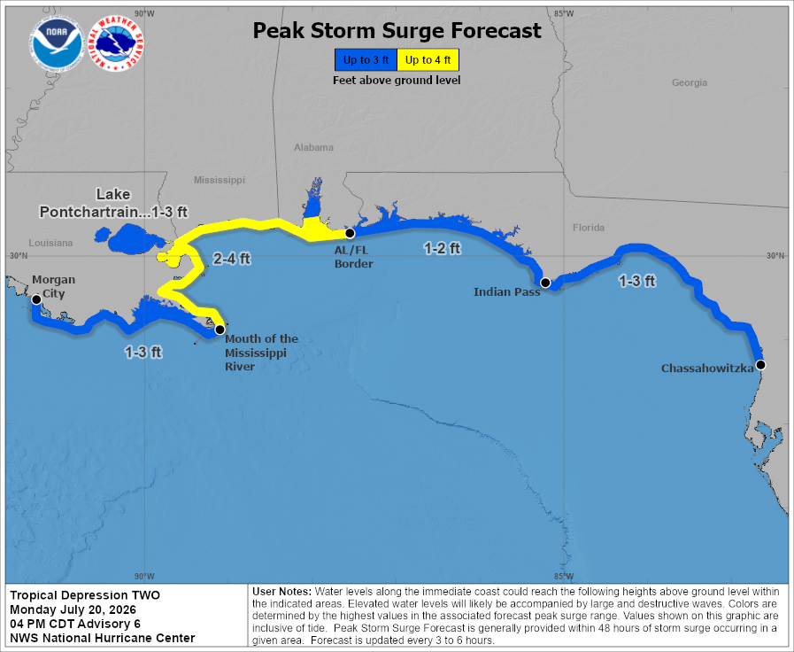 Storm surge flooding is possible as Tropical Storm Bertha takes shape in the Gulf of America this week. Image: NHC