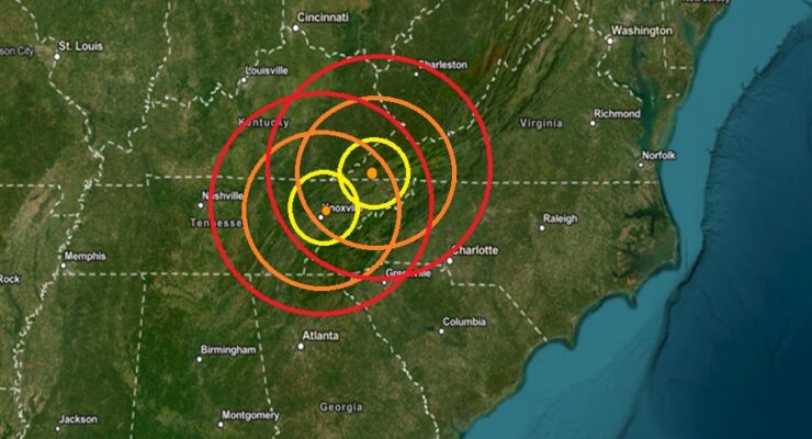 The earthquakes struck at the orange dots inside the colored, concentric circles on this map. Image; USGS