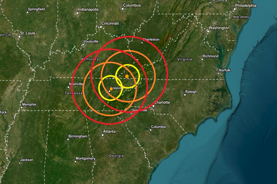 The earthquakes struck at the orange dots inside the colored, concentric circles on this map. Image; USGS