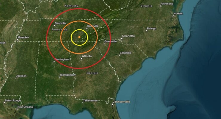 The epicenter of the earthquake in Tennessee is at the orange dot inside the colored concentric circles on this map. Image: USGS