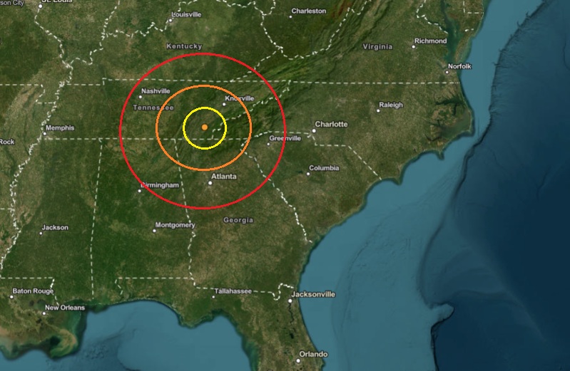 The epicenter of the earthquake in Tennessee is at the orange dot inside the colored concentric circles on this map. Image: USGS