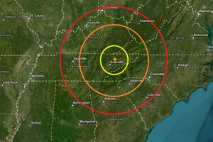 The epicenter of today's earthquake is at the orange dot inside the colored concentric circles on this map. Image: USGS