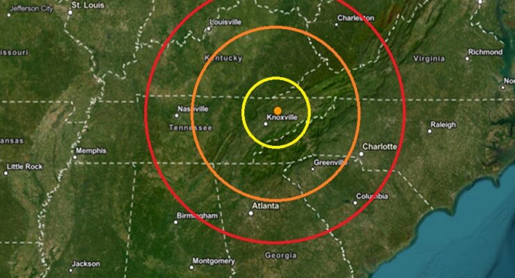 The epicenter of today's earthquake is at the orange dot inside the colored concentric circles on this map. Image: USGS