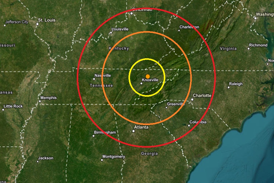 The epicenter of today's earthquake is at the orange dot inside the colored concentric circles on this map. Image: USGS
