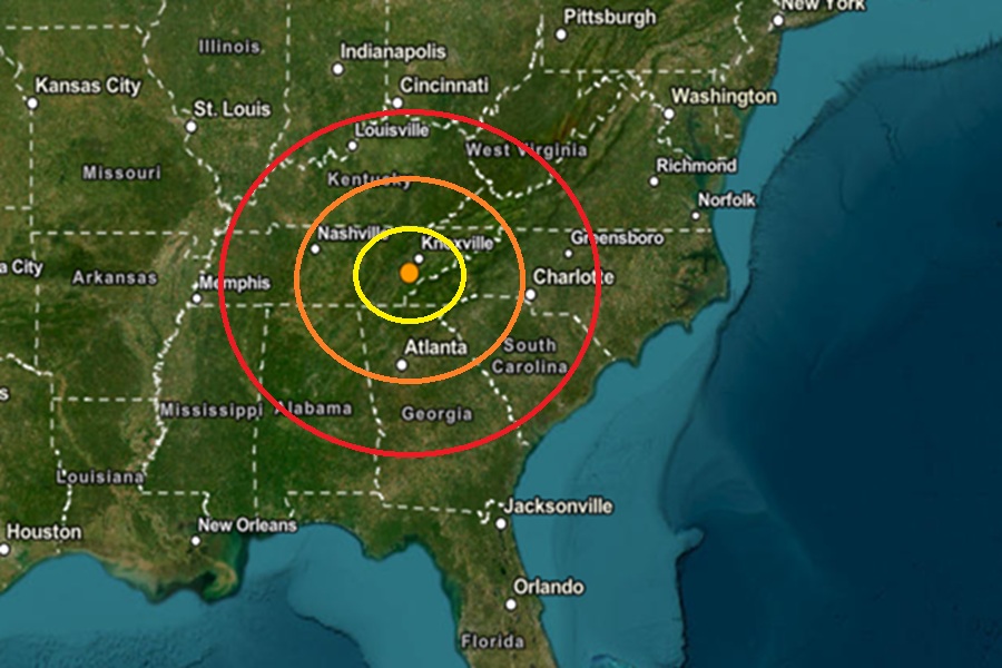 The epicenter of today's earthquake is at the orange dot inside the colored concentric circles.  Image: USGS