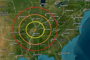 Three earthquakes struck western Tennessee today, with 2 striking at the same point and the other just to the north of the other two. The epicenter of each is marked by an orange dot inside colored concentric circles. Image: USGS