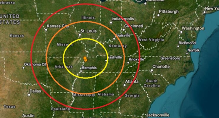 Three earthquakes struck western Tennessee today, with 2 striking at the same point and the other just to the north of the other two. The epicenter of each is marked by an orange dot inside colored concentric circles. Image: USGS