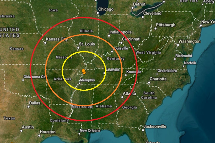 Three earthquakes struck western Tennessee today, with 2 striking at the same point and the other just to the north of the other two. The epicenter of each is marked by an orange dot inside colored concentric circles. Image: USGS