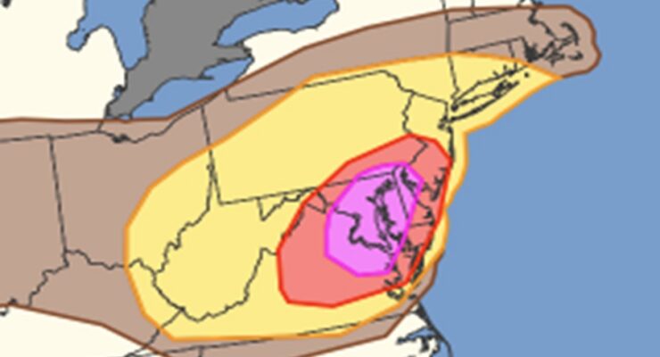 Damaging winds are likely in the red and pink zones today; damaging winds are also possible in the yellow and brown shaded areas, although not as high of odds exist there. Image: NWS SPC