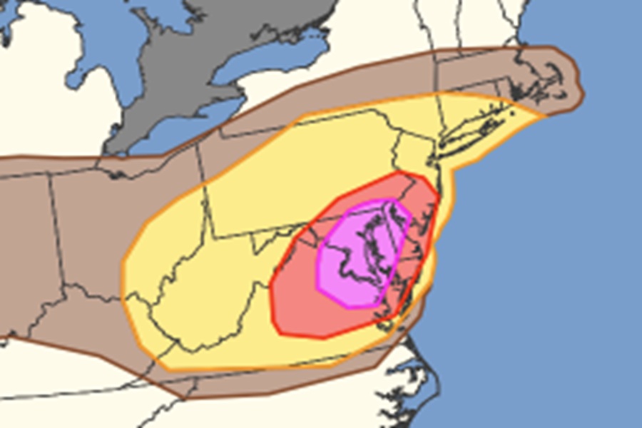 Damaging winds are likely in the red and pink zones today; damaging winds are also possible in the yellow and brown shaded areas, although not as high of odds exist there. Image: NWS SPC