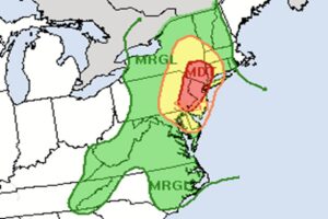 There's a threat of excessive rainfall in the colored regions on the map, with the yellow at higher risk than green and red at highest risk today. In the red zone, there's at least a 40% chance that rainfall will exceed flash flood guidance within 25 miles of a point anywhere inside that zone. Image: National Weather Service Weather Prediction Center