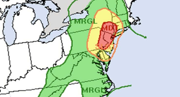 There's a threat of excessive rainfall in the colored regions on the map, with the yellow at higher risk than green and red at highest risk today. In the red zone, there's at least a 40% chance that rainfall will exceed flash flood guidance within 25 miles of a point anywhere inside that zone. Image: National Weather Service Weather Prediction Center