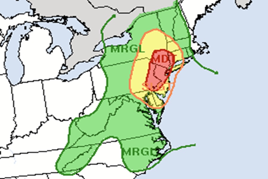 There's a threat of excessive rainfall in the colored regions on the map, with the yellow at higher risk than green and red at highest risk today. In the red zone, there's at least a 40% chance that rainfall will exceed flash flood guidance within 25 miles of a point anywhere inside that zone. Image: National Weather Service Weather Prediction Center