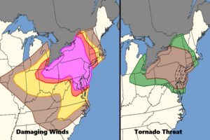 On the left, damaging winds are possible in the shaded regions with the hot pink zone at greatest risk of destructive winds. On the right, tornadoes are possible in the shaded regions; while the brown area has the highest threat for tornadic thunderstorms, the hatched area over New Jersey and eastern Pennsylvania has an added threat of strong or long lasting tornadoes. Image: SPC