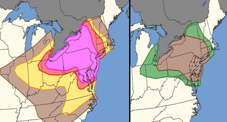 On the left, damaging winds are possible in the shaded regions with the hot pink zone at greatest risk of destructive winds. On the right, tornadoes are possible in the shaded regions; while the brown area has the highest threat for tornadic thunderstorms, the hatched area over New Jersey and eastern Pennsylvania has an added threat of strong or long lasting tornadoes. Image: SPC