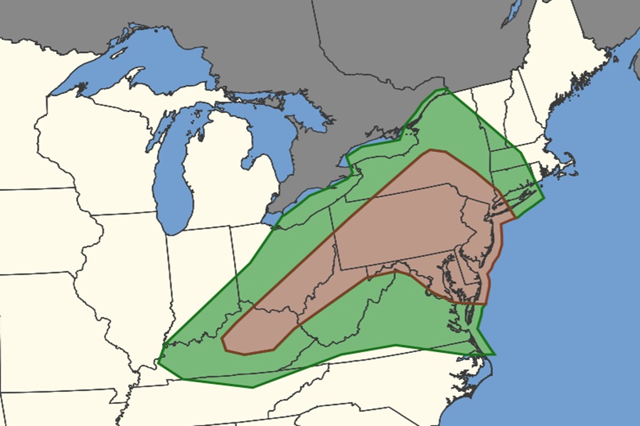 Tornadic thunderstorms are possible in the shaded regions on this map; the brown area has a higher chance of tornadoes than green. Image: NWS SPC