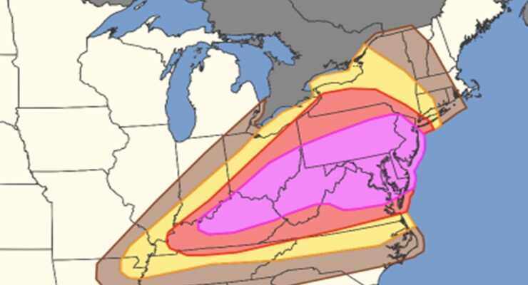 While damaging winds are possible in any shaded area, the area in hot pink is at greatest risk of destructive wind gusts today. There is also a risk of strong, long-duration tornadoes in this area too today. Image: NWS SPC