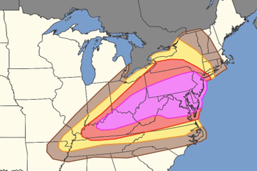 While damaging winds are possible in any shaded area, the area in hot pink is at greatest risk of destructive wind gusts today. There is also a risk of strong, long-duration tornadoes in this area too today. Image: NWS SPC