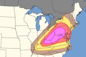 The shaded area is at risk for damaging winds on Tuesday, but the red and hot pink areas are at greatest risk of the most severe winds. Image: NWS SPC