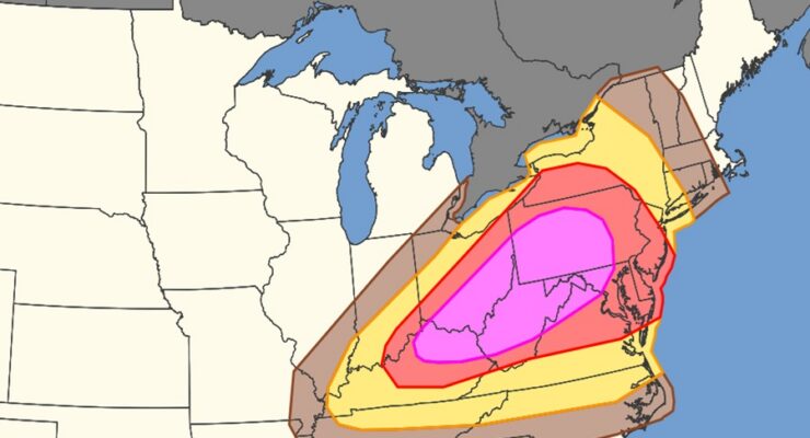 The shaded area is at risk for damaging winds on Tuesday, but the red and hot pink areas are at greatest risk of the most severe winds. Image: NWS SPC