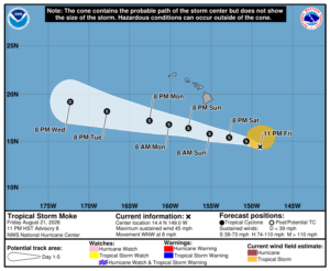 Latest forecast track for Moke's center. Image: NHC / CPHC