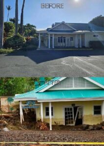 A before/after view of the Punalu'u Bake Shop which encountered catastrophic devastation from Hurricane Lala. Image: Zachary Kennedy