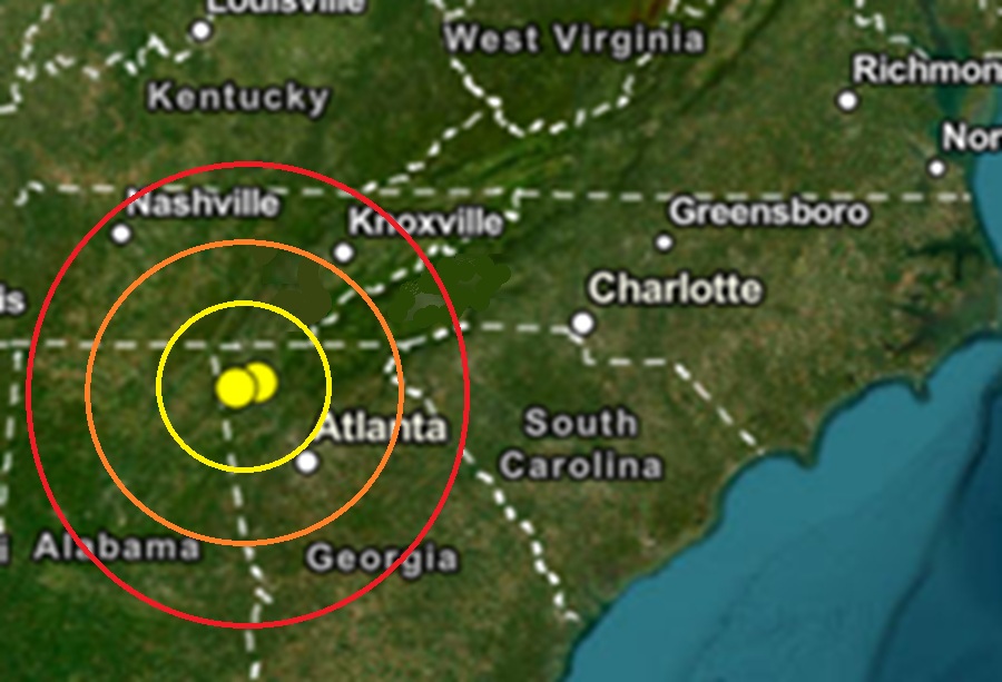 The epicenter of the earthquakes is at the yellow dots inside the colored concentric circles on the map. Image: USGS