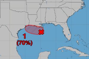 A new tropical cyclone is developing in the red shaded area on this map of the Gulf of America. Image: NHC