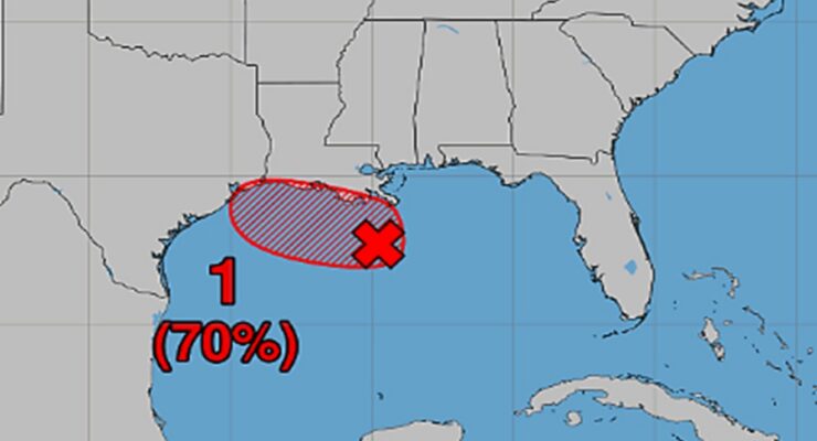 A new tropical cyclone is developing in the red shaded area on this map of the Gulf of America. Image: NHC
