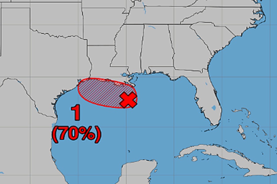 A new tropical cyclone is developing in the red shaded area on this map of the Gulf of America. Image: NHC