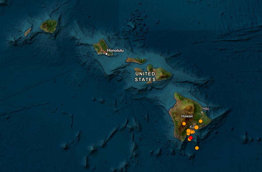 Each dot represents an earthquake around Hawaii, with the red dot representing the most recent earthquake. Image: USGS