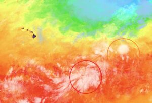 The two systems circled on this map could become tropical cyclones in the coming days, perhaps impacting Hawaii by the upcoming weekend. This view from NOAA's GOES-West weather satellite is color-enhanced to show the sea surface temperature around the islands; areas of orange and red are conducive to intensification. Image: NOAA