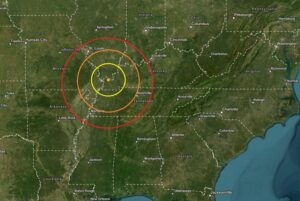 The earthquake struck at the dot inside the colored concentric circles on the map. Image: USGS