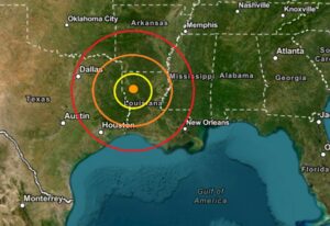 The earthquake epicenter was at the orange dot inside the colored concentric circles. Image: USGS