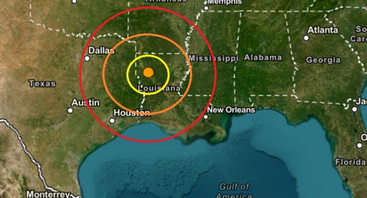 The earthquake epicenter was at the orange dot inside the colored concentric circles. Image: USGS