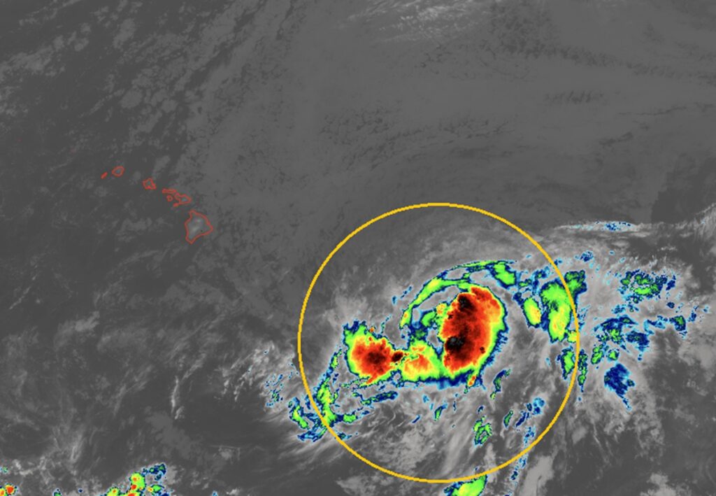 Tropical Storm Lala has formed south and east of Hawaii, as shown on this latest view from the GOES-West weather satellite. Image: NOAA