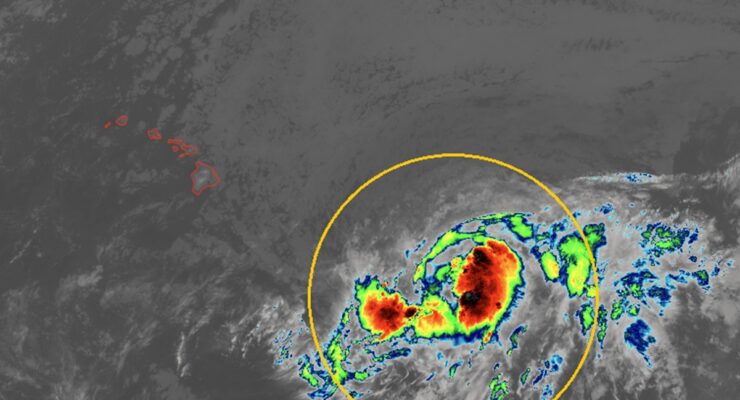 Tropical Storm Lala has formed south and east of Hawaii, as shown on this latest view from the GOES-West weather satellite. Image: NOAA