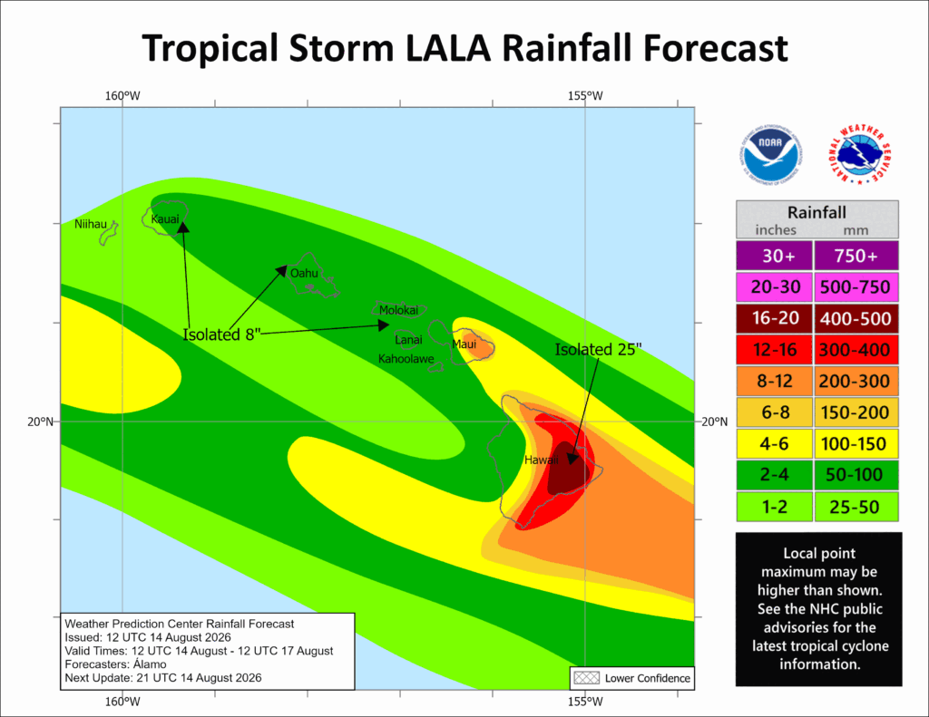 Heavy rain is expected from Lala throughout Hawaii. Image: NHC / CPHC