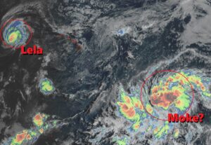 A developing disturbance south and east of Hawaii could become Hurricane Moke in the coming days; it may also directly impact areas hit hard just days ago by Hurricane Lala. Image: NOAA