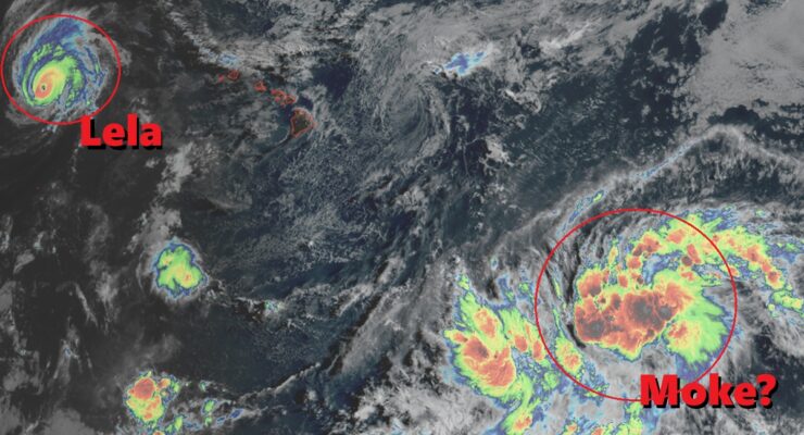 A developing disturbance south and east of Hawaii could become Hurricane Moke in the coming days; it may also directly impact areas hit hard just days ago by Hurricane Lala. Image: NOAA