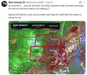 Online weather talent Max Velocity was critical of the Tornado Warning when it was issued, taking time to criticize the National Weather Service for warning about it but not letting people know in harm's way the threat was real. Image: x